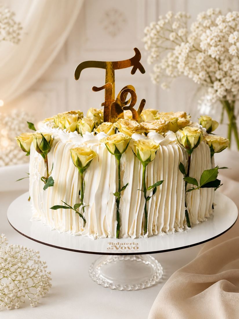 Bolo festivo branco decorado com flores e topo dourado
