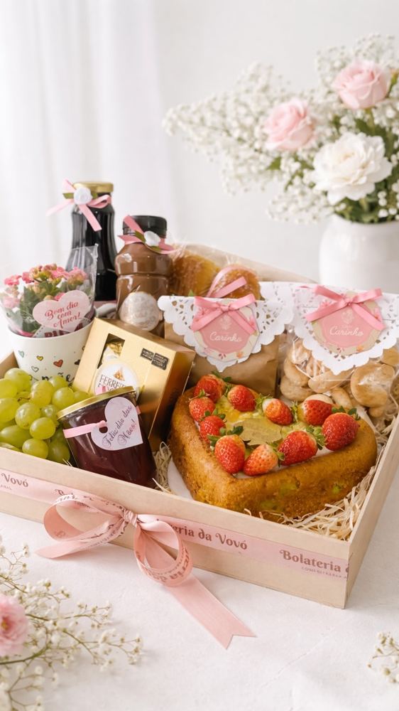 Caixa de presente com bolo, frutas, docinhos e flores